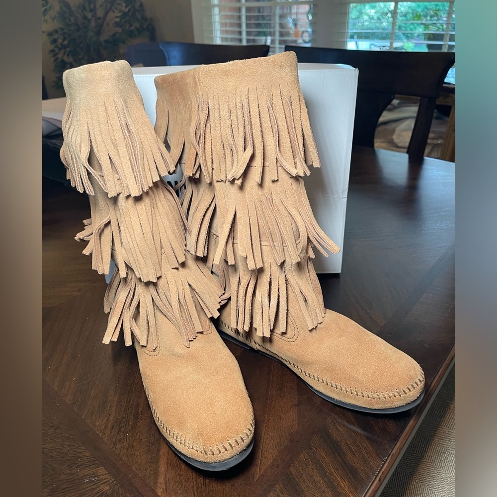 Minnetonka Tan Suede Triple-Fringe Heeled Boots